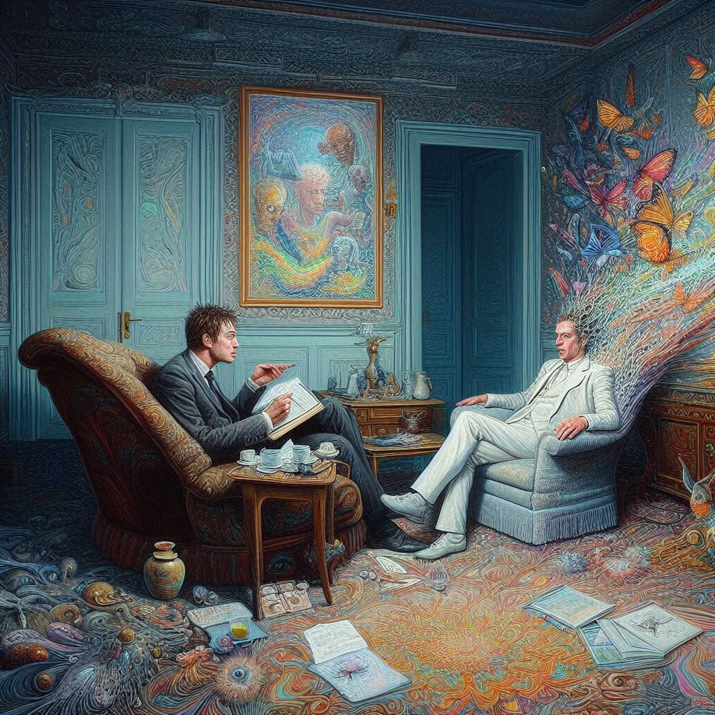 A scene depicting two well-dressed men interrogating each other while on psychedelic drugs.